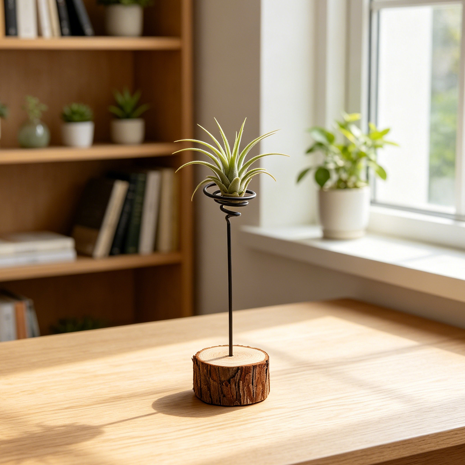 Air Plant Tillandsia - ที่วางต้นไม้ขนาดเล็กแบบตั้งโต๊ะ ดีไซน์เกลียวโลหะพร้อมฐานไม้ธรรมชาติ สำหรับต้นไม้ขนาดเล็ก ติลแลนด์เซีย เหมาะสำหรับตกแต่งห้องนั่งเล่น